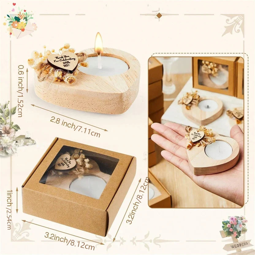 Heart Wooden Tealight Candle Holders - Rustic Thank You Wedding Favors with Dried Flowers (1 or 6 Pcs)