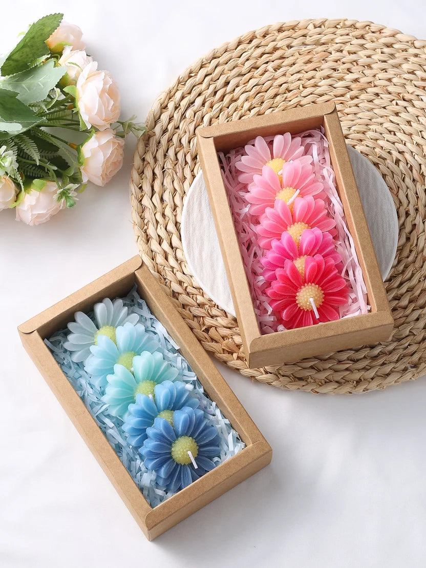5-Piece Gradient Macaron Daisy Candle Set - Handmade Soy Wax 3D Flower Pastel Table Decor