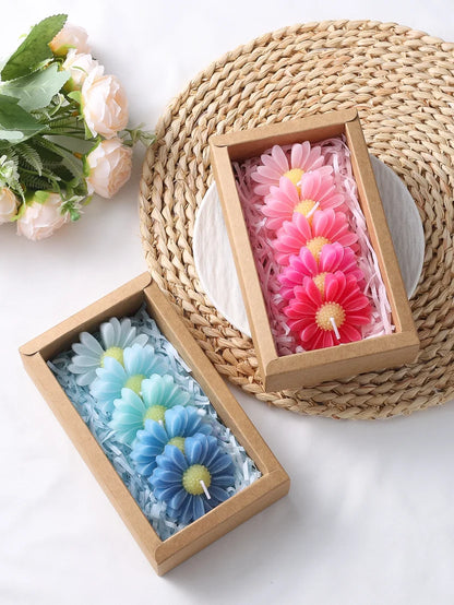 5-Piece Gradient Macaron Daisy Candle Set - Handmade Soy Wax 3D Flower Pastel Table Decor