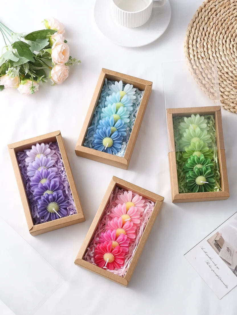 5-Piece Gradient Macaron Daisy Candle Set - Handmade Soy Wax 3D Flower Pastel Table Decor