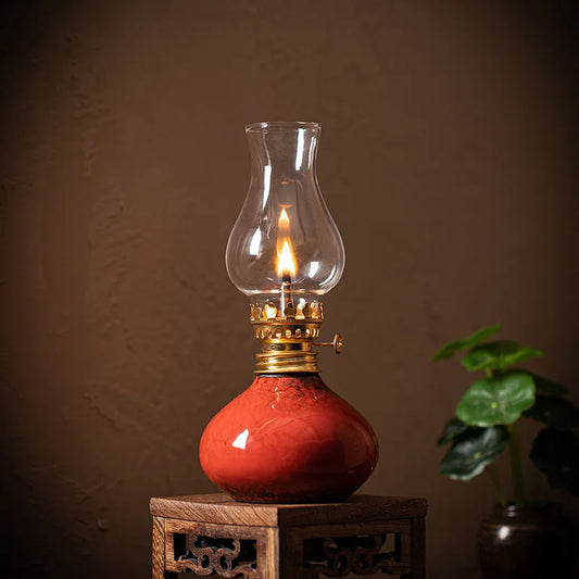 Aihem Vintage Ceramic Kerosene Oil Lamp - Retro Glass Hurricane Lantern with Flame Regulator for Indoor Ambient Lighting (16.5cm)