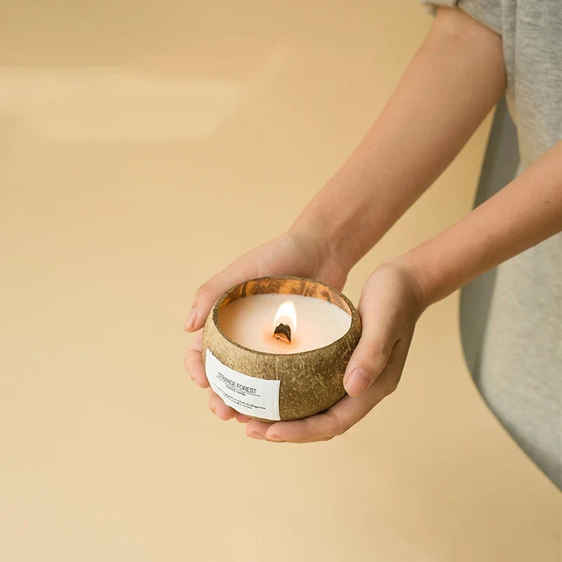Coconut Aromatherapy Candle in Wooden Bowl – Premium Soy Wax | Essential Oil Fragrance | Spa Decor