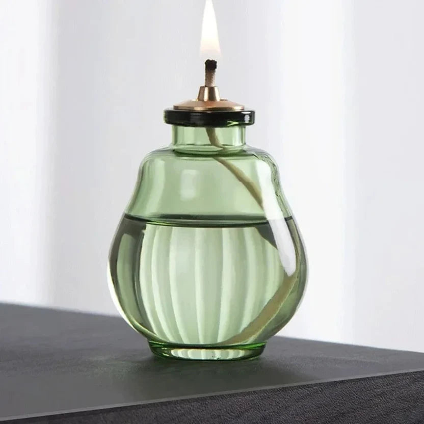 Creative Glass Liquid Oil Candle Lamp - Refillable Transparent Tabletop Ambient Lantern (Green/Clear/Yellow)