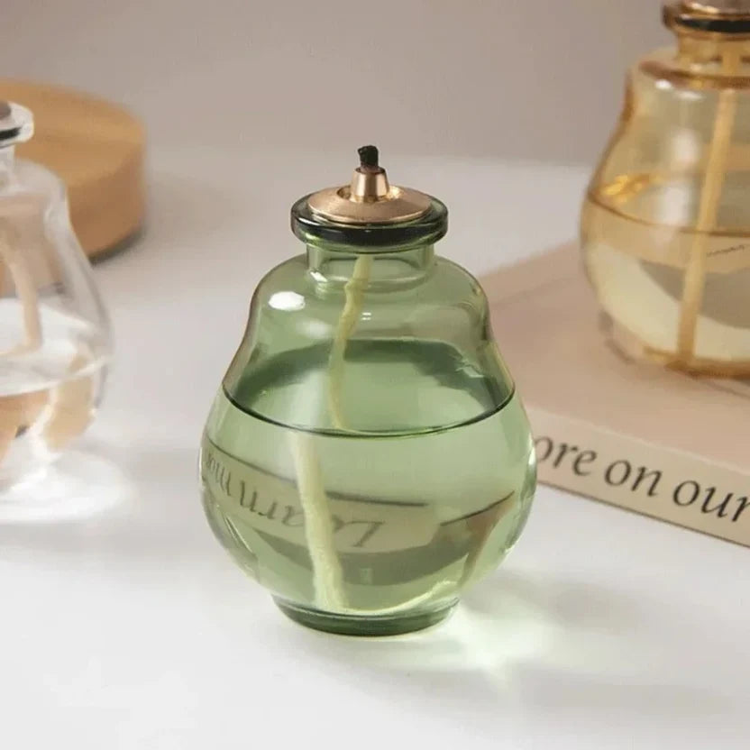 Creative Glass Liquid Oil Candle Lamp - Refillable Transparent Tabletop Ambient Lantern (Green/Clear/Yellow)
