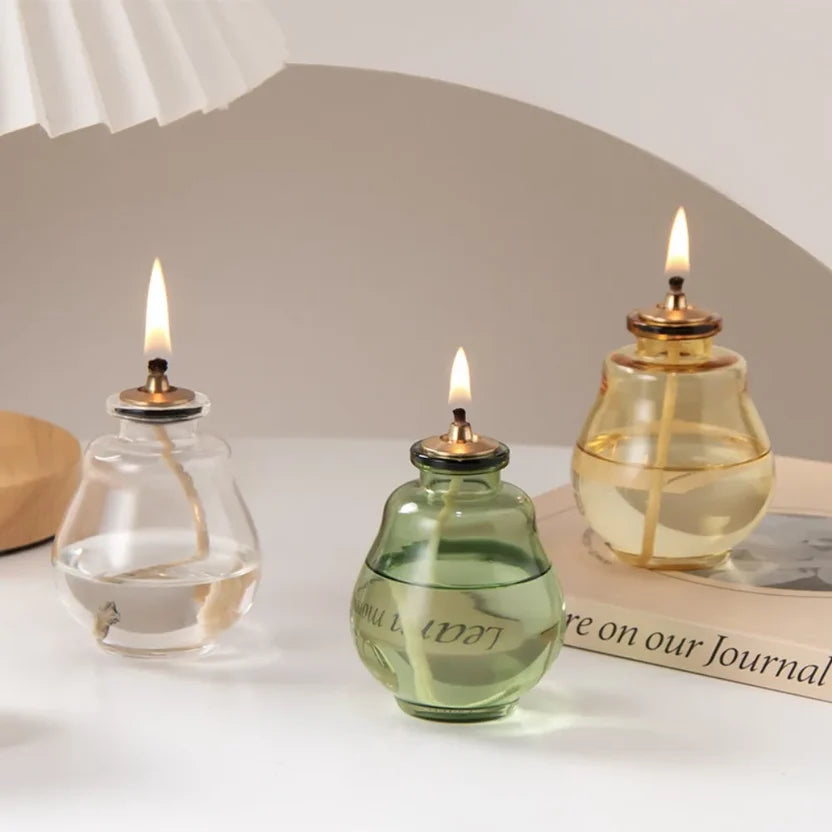Creative Glass Liquid Oil Candle Lamp - Refillable Transparent Tabletop Ambient Lantern (Green/Clear/Yellow)