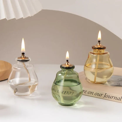 Creative Glass Liquid Oil Candle Lamp - Refillable Transparent Tabletop Ambient Lantern (Green/Clear/Yellow)