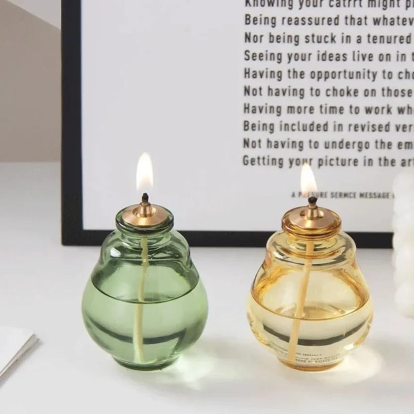 Creative Glass Liquid Oil Candle Lamp - Refillable Transparent Tabletop Ambient Lantern (Green/Clear/Yellow)