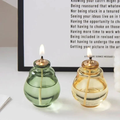 Creative Glass Liquid Oil Candle Lamp - Refillable Transparent Tabletop Ambient Lantern (Green/Clear/Yellow)