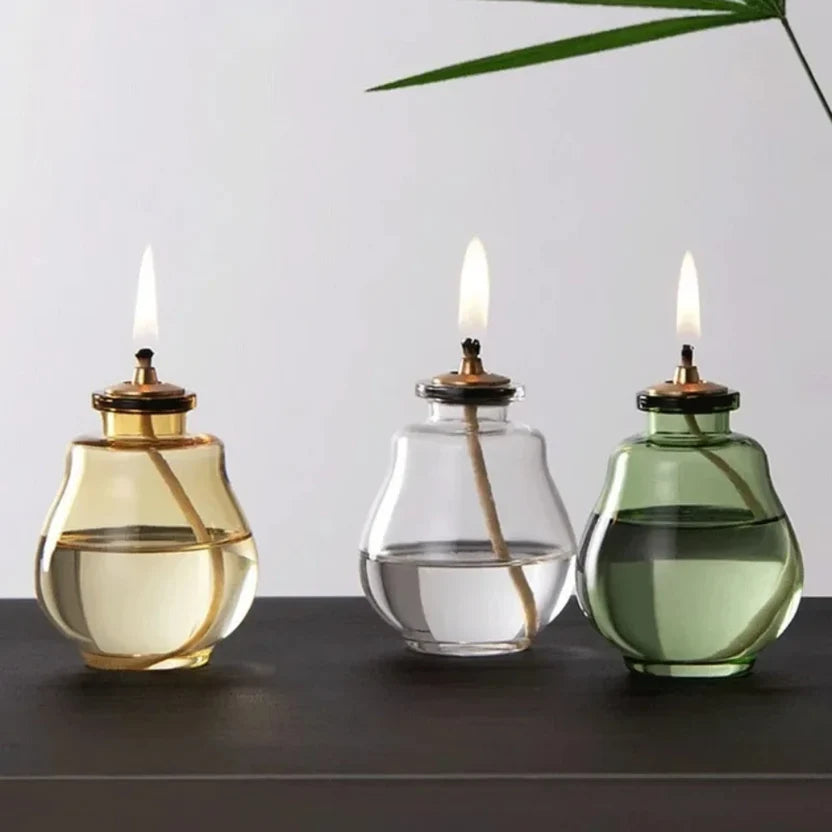Creative Glass Liquid Oil Candle Lamp - Refillable Transparent Tabletop Ambient Lantern (Green/Clear/Yellow)