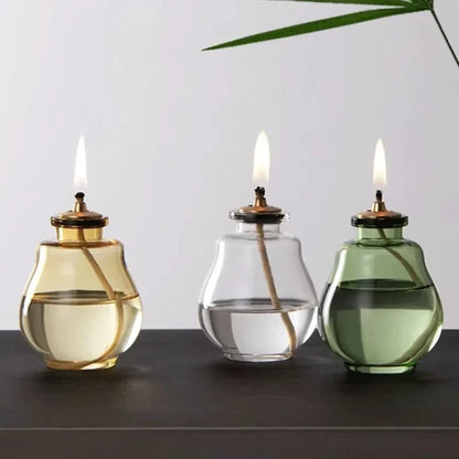 Creative Glass Liquid Oil Candle Lamp - Refillable Transparent Tabletop Ambient Lantern (Green/Clear/Yellow)