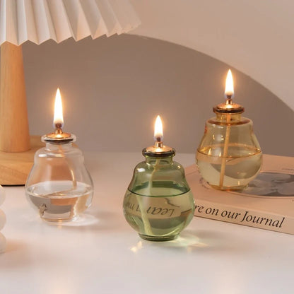 Creative Glass Liquid Oil Candle Lamp - Refillable Transparent Tabletop Ambient Lantern (Green/Clear/Yellow)