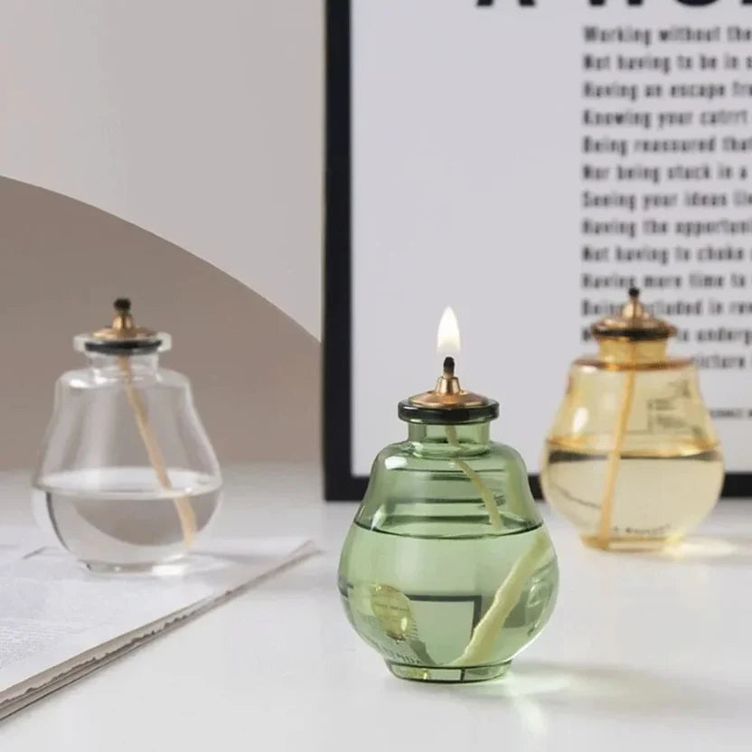 Creative Glass Liquid Oil Candle Lamp - Refillable Transparent Tabletop Ambient Lantern (Green/Clear/Yellow)