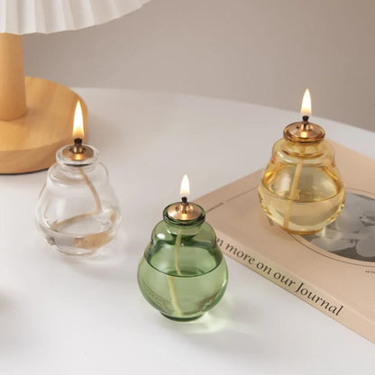Creative Glass Liquid Oil Candle Lamp - Refillable Transparent Tabletop Ambient Lantern (Green/Clear/Yellow)