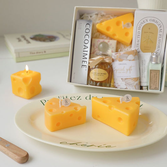 Realistic Cheese Shaped Art Candle - Handmade Yellow Cake Style Sculptural Aromatherapy Accent Candle