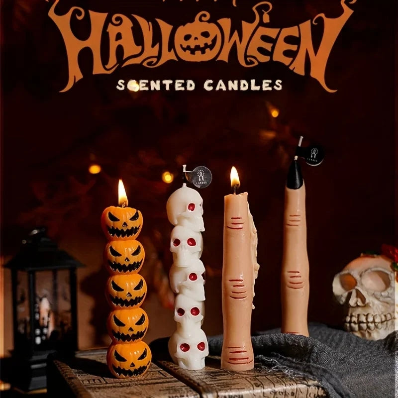 Gothic Halloween Long Stick Scented Candles - Handmade Soy Wax Spooky Skeleton Pumpkin Dinner Taper (1-Pc Single)