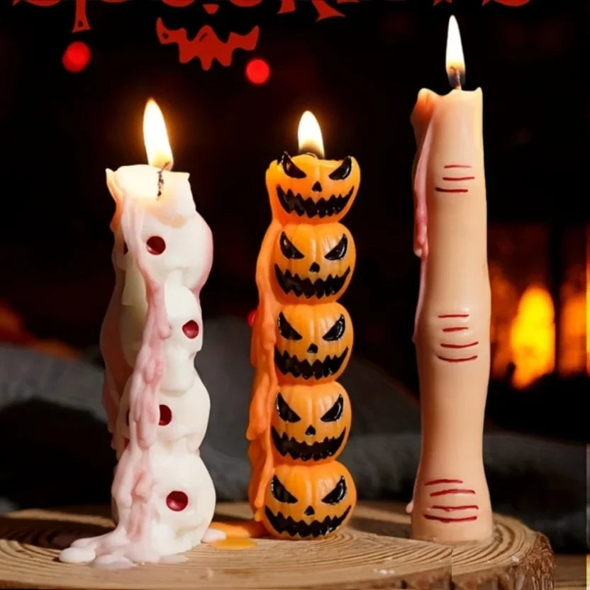 Gothic Halloween Long Stick Scented Candles - Handmade Soy Wax Spooky Skeleton Pumpkin Dinner Taper (1-Pc Single)