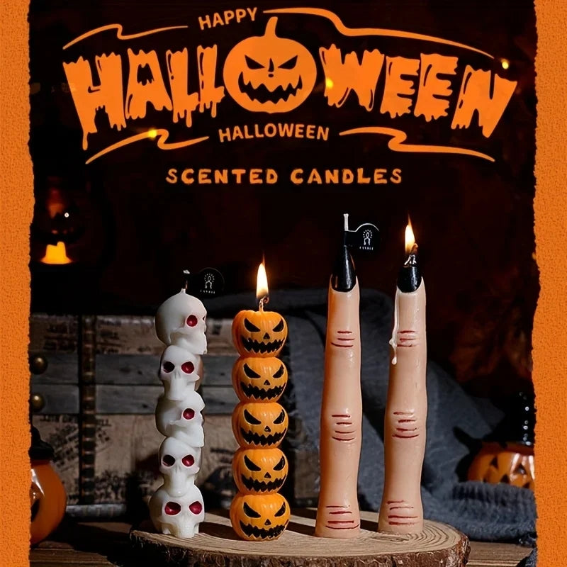Gothic Halloween Long Stick Scented Candles - Handmade Soy Wax Spooky Skeleton Pumpkin Dinner Taper (1-Pc Single)