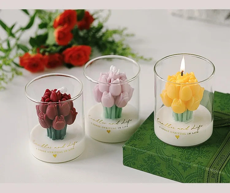 Handmade Tulip Bouquet Scented Candle - Sculptural Soy Wax Flower Art Candle for Home Decor & Gifting