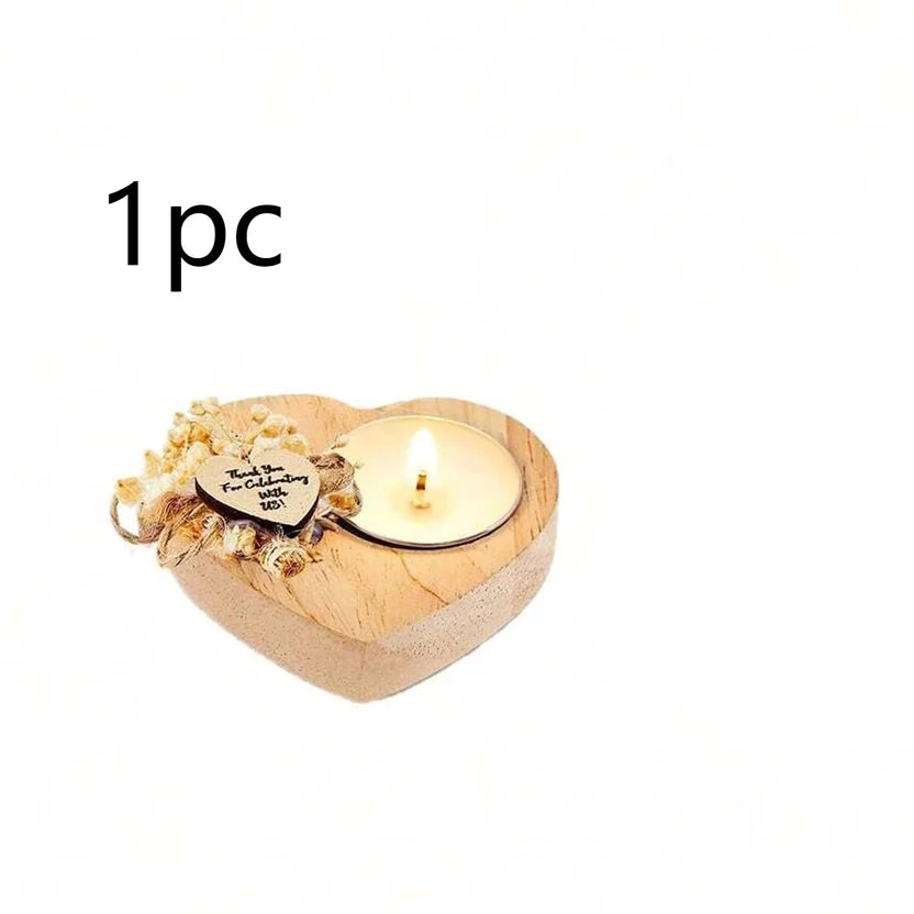 Heart Wooden Tealight Candle Holders - Rustic Thank You Wedding Favors with Dried Flowers (1 or 6 Pcs)