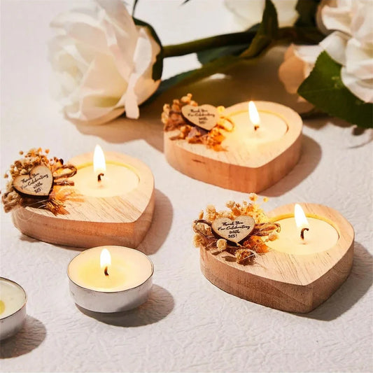 Heart Wooden Tealight Candle Holders - Rustic Thank You Wedding Favors with Dried Flowers (1 or 6 Pcs)