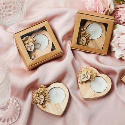 Heart Wooden Tealight Candle Holders - Rustic Thank You Wedding Favors with Dried Flowers (1 or 6 Pcs)