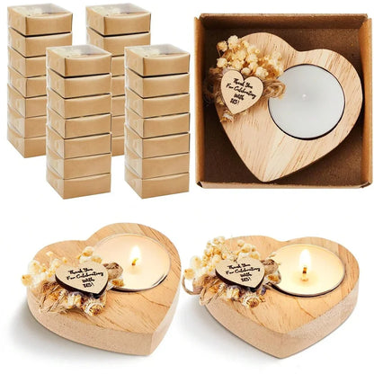 Heart Wooden Tealight Candle Holders - Rustic Thank You Wedding Favors with Dried Flowers (1 or 6 Pcs)