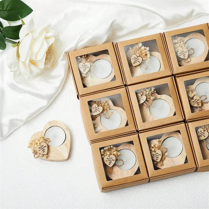 Heart Wooden Tealight Candle Holders - Rustic Thank You Wedding Favors with Dried Flowers (1 or 6 Pcs)