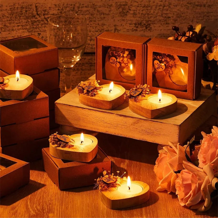 Heart Wooden Tealight Candle Holders - Rustic Thank You Wedding Favors with Dried Flowers (1 or 6 Pcs)