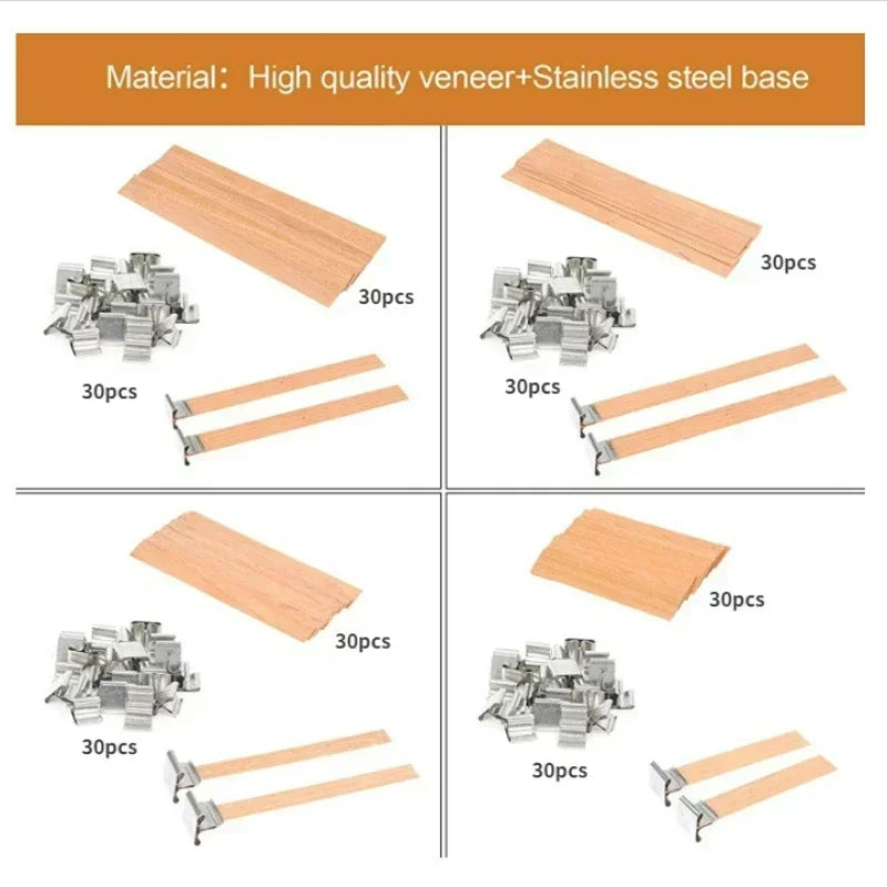 Natural Wooden Candle Wicks with Sustainers – DIY Candle Making Supply | 4 Sizes, Multi-Pack Options