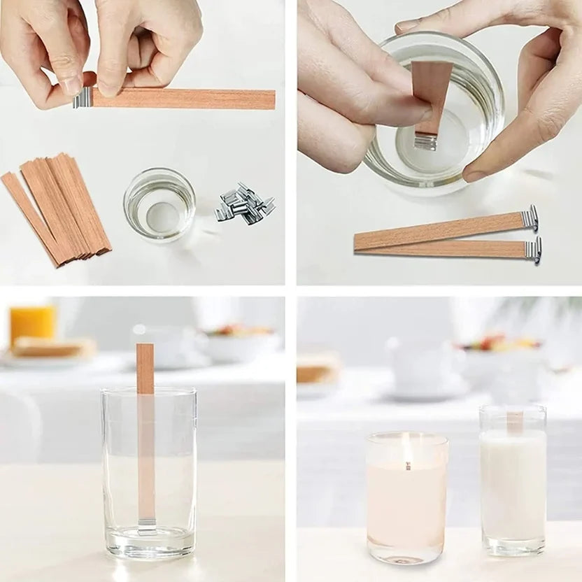 Natural Wooden Candle Wicks with Sustainers – DIY Candle Making Supply | 4 Sizes, Multi-Pack Options