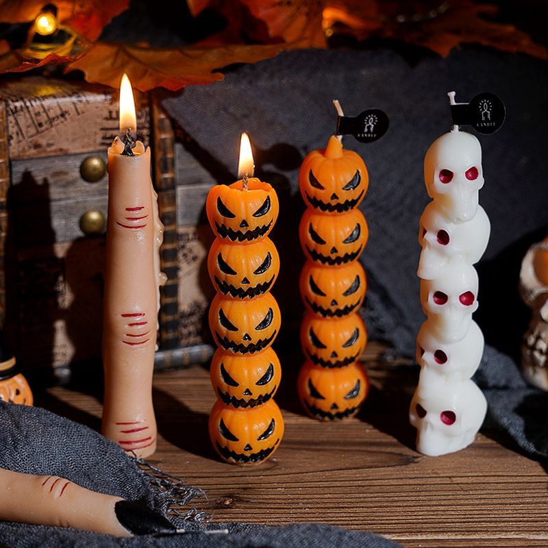Gothic Halloween Long Stick Scented Candles - Handmade Soy Wax Spooky Skeleton Pumpkin Dinner Taper (1-Pc Single)