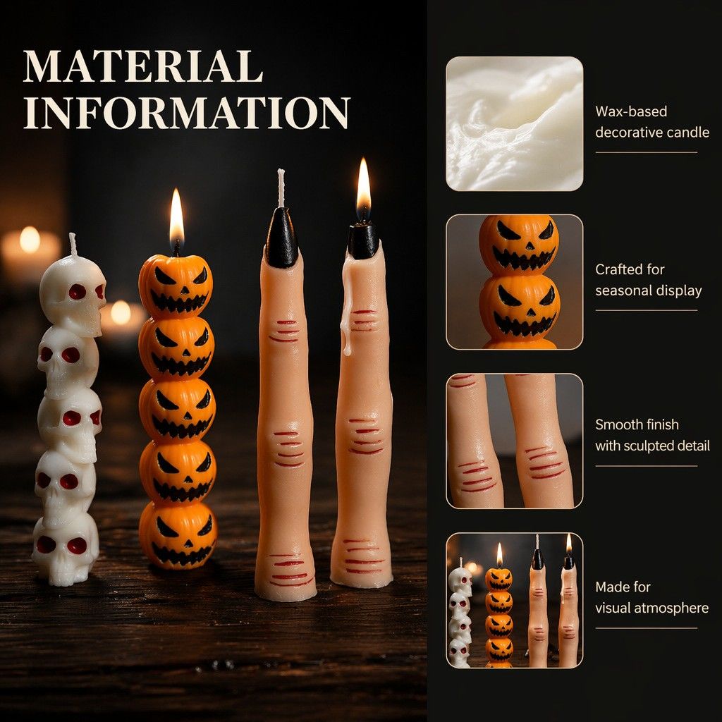 Gothic Halloween Long Stick Scented Candles - Handmade Soy Wax Spooky Skeleton Pumpkin Dinner Taper (1-Pc Single)